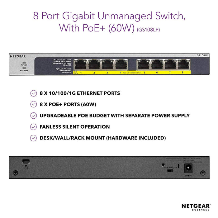 Best Value NETGEAR 8-Port Gigabit Ethernet PoE Network Switch, Hub, Internet Splitter (GS108LP) - with 8 x PoE+ @ 60W Upgradeable, Desktop/Rackmount, and ProSAFE Lifetime Protection