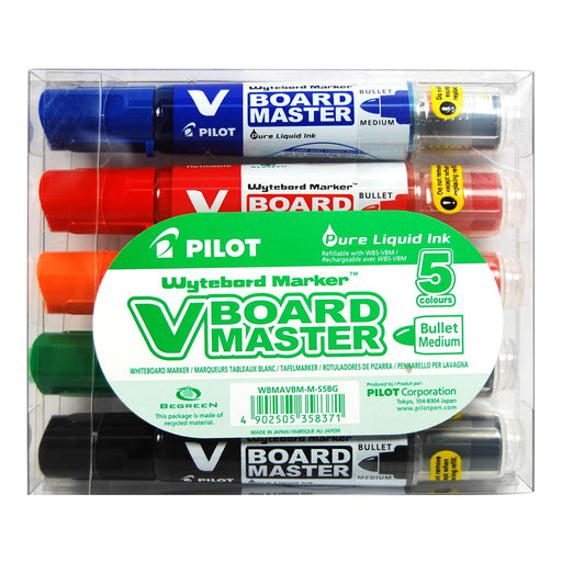 Best Value Pilot Begreen Recycled V Board Master Whiteboard Marker Bullet 6.0 mm Tip - Black/Red/Blue/Green/Orange, Wallet of 5