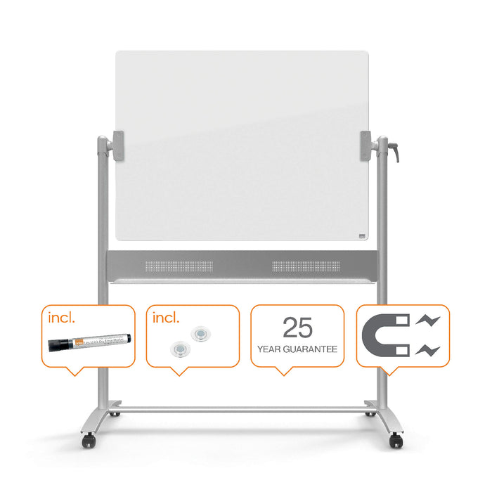 Best Value Nobo Glass Mobile Whiteboard with Horizontal Pivot (Flips Top to Bottom), Magnetic, 1200 x 900 mm, Includes Marker and Extra Strong Magnets, White, 1903943