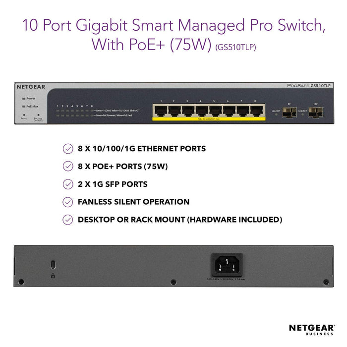 Best Value NETGEAR 10-Port Gigabit Ethernet Smart Managed Pro PoE Switch (GS510TLP) - with 8 x PoE+ @ 75W, 2 x 1G SFP, Desktop/Rackmount, and ProSAFE Lifetime Protection