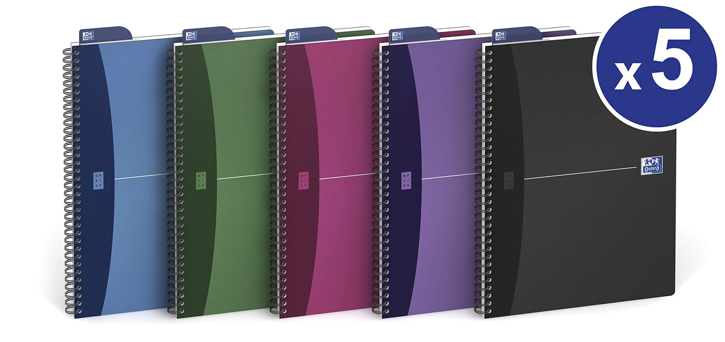 Best Value Oxford Office A5 Opaque Poly Cover Wirebound Notebook Narrow Ruled with Margin 180 Page including Repositionable Divider/Ruler, Assorted Colours, 5 Notebooks