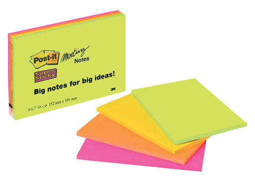 Best Value Post it Notes 152mm x 101mm Super Sticky Note Pad, Green, Pink, Orange, Yellow (4 pads, 45 sheets per pad)