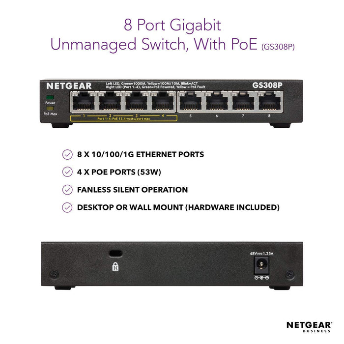 Best Value NETGEAR 8-Port Gigabit Ethernet PoE Network Switch, Hub, Internet Splitter (GS308P) - with 4 x PoE @ 55W, Desktop, Sturdy Metal Fanless Housing