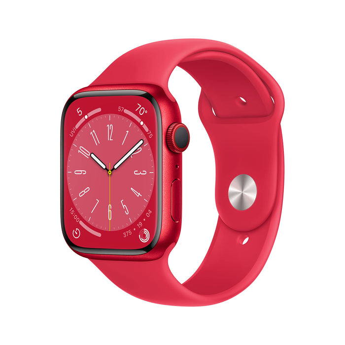 Apple Watch Series 8 (GPS + Cellular) - (PRODUCT) RED - 45 mm - red aluminium - smart watch with sport band - fluoroelastomer - red - band size: Regular - 32 GB - Wi-Fi, LTE, Bluetooth, UWB - 4G - 38.8 g