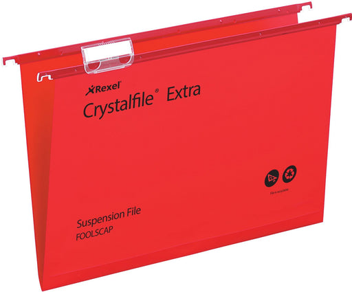 Best Value Rexel 70629 Crystalfile Extra Foolscap Suspension File, 150 Sheet Capacity, 15 mm V-Base Polypropylene, Pack of 25, Red