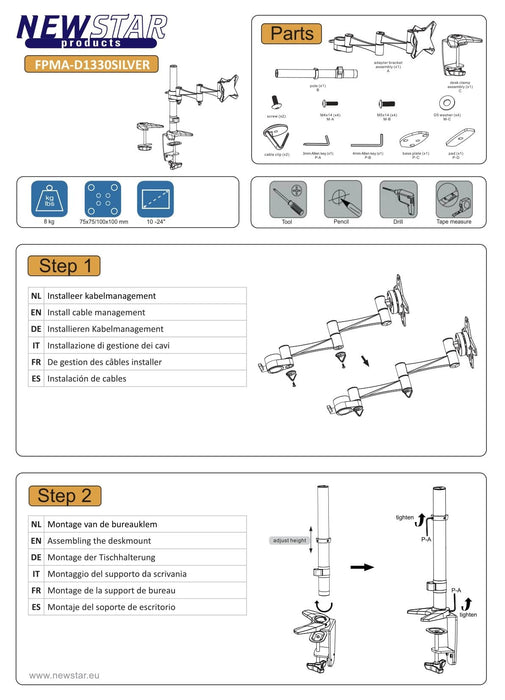 Best Value Newstar FPMA-D1330SILVER Full Motion Desk Mount (clamp & grommet) for 10-30" Monitor Screen, Height Adjustable - Silver