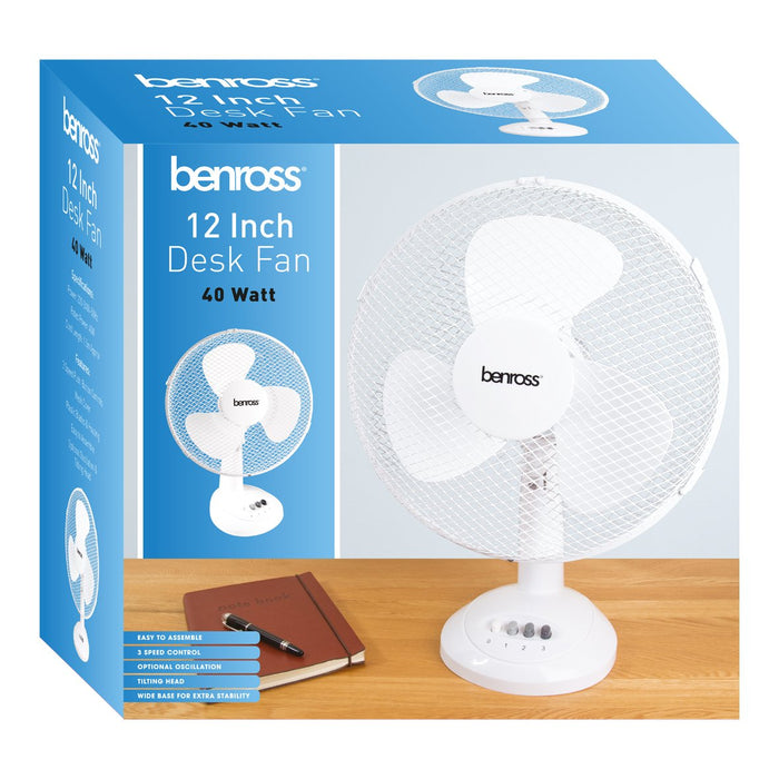 ValueX 12 Inch/305mm 3 Speed Tilting Oscillating Desk Fan White - 43920