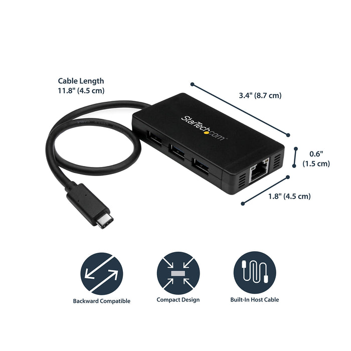 Best Value StarTech HB30C3A1GE 3 Port USB 3.0 Hub with USB-C and Gigabit Ethernet