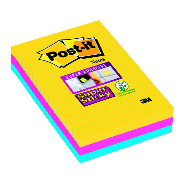 Best Value Post-it 696050 Super Sticky Note Pad, Lined Rio Colour Collection, 101 x 152 mm (3 Pads, 90 sheets per pad)