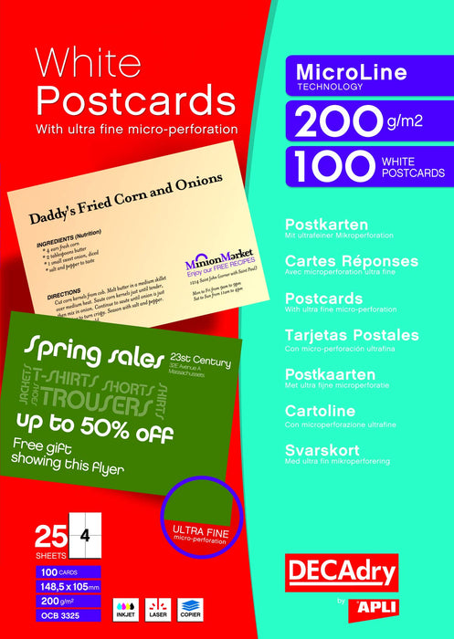 Best Value DECAdry White Postcards 200gsm Microperforated 4 per A4 Sheet 148.5x105mm Ref OCB3325 [Pack of 100 Cards]