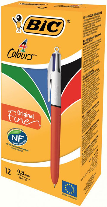 Bic 4 Colours Fine Ballpoint Pen 0.8mm Tip 0.30 Line Red/White Barrel Black/Blue/Green/Red Ink (Pack 12)