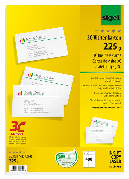 Best Value SIGEL LP796, 85x55 mm (A4), Business Cards, 3C, smooth cut all around, 225 gsm, bright white, 400 pcs.=40 sheets