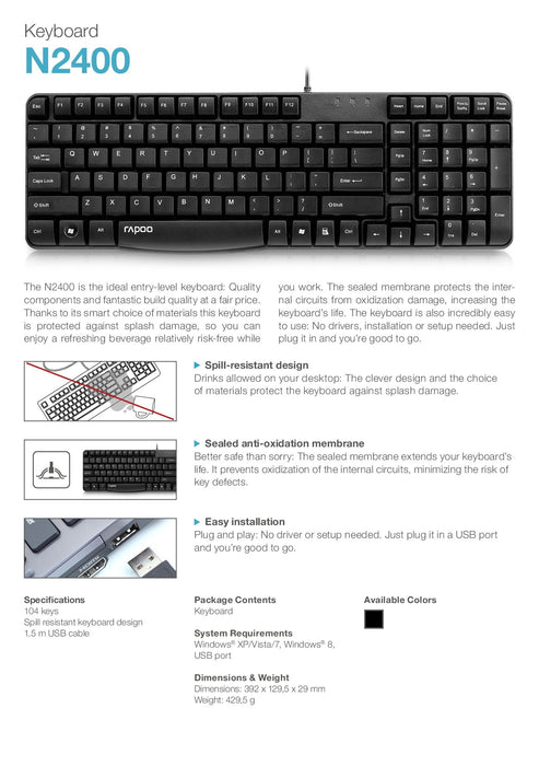 Best Value Rapoo N2400 Wired Spill-resistant Keyboard Black UK Layout