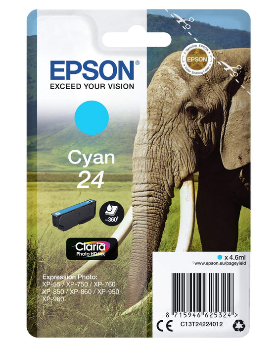 Best Value EPSON C13T24224012 Elephant Ink Cartridge for Expression Photo XP-960 Series, Cyan, Genuine, Amazon Dash Replenishment Ready