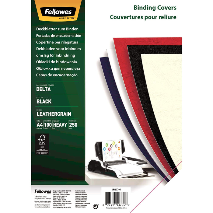 Best Value Fellowes A4 100 Percent Recyclable Leatherboard Binding Covers, Heavyweight, 250 gsm Presentation Covers, FSC, Black, Pack of 100