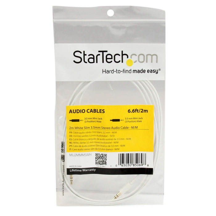 Best Value StarTech 2m 3.5mm Male to Male Slim Stereo Aux Audio Cable for Headphone - White