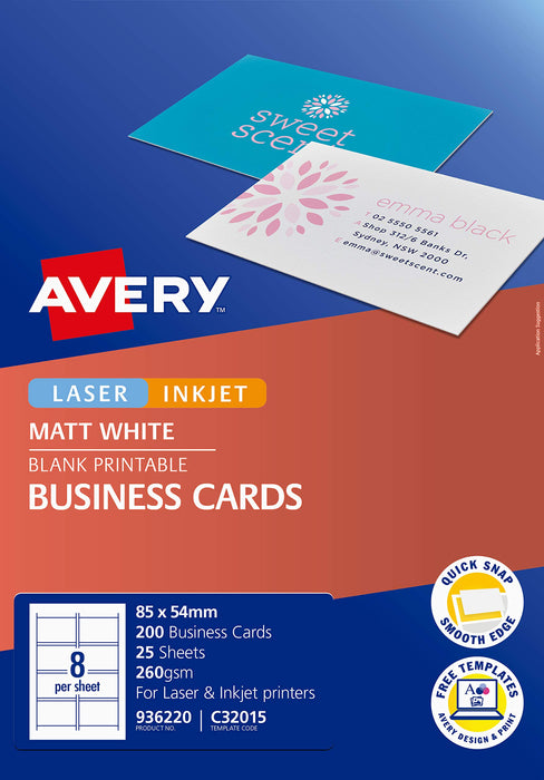 Best Value Avery C32015-25 Double Side Printable Business Cards with Matt Finish, 260 gsm for Inkjet Printers (85 x 54 mm Cards, 8 Cards per A4 Sheet, 25 Sheets per Pack) - Bright White