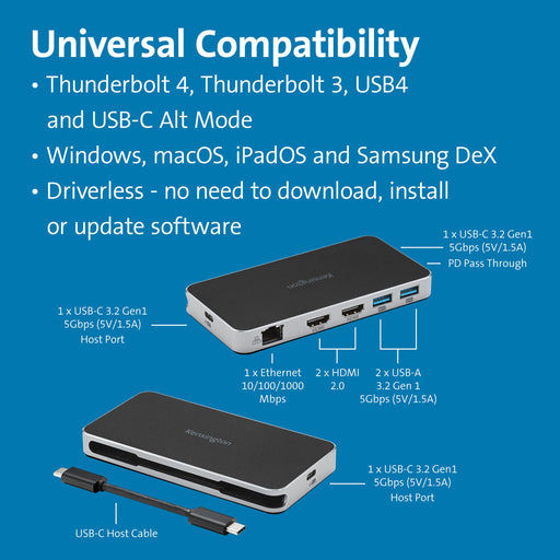 Kensington UH1460P USB-C 5Gbps Dual 4K Driverless Mobile Dock - Docking station - USB-C / USB4 / Thunderbolt 3 / Thunderbolt 4 - 2 x HDMI - GigE, 2.5 GigE