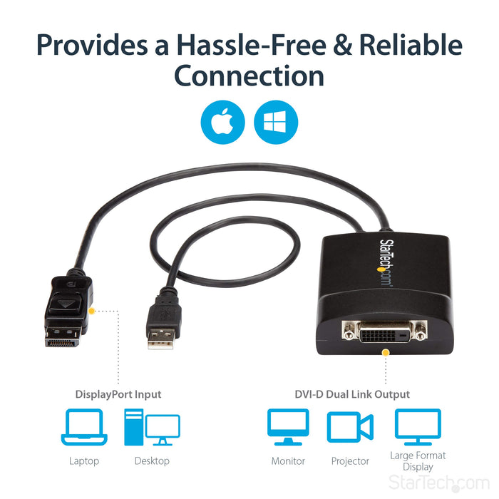 Best Value StarTech.com DisplayPort to DVI Adapter - Dual-Link - Active DVI-D Adapter for Your Monitor / Display - USB Powered - 2560x1600 (DP2DVID2)