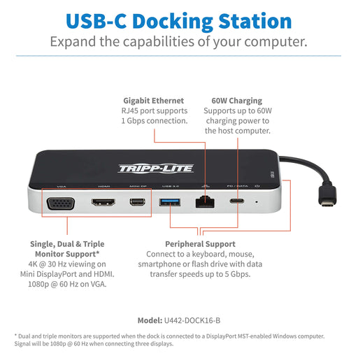 Tripp Lite USB C Docking Station Hub USB Dock Triple Display 4K HDMI VGA USB A/C Gbe - Docking station - USB-C - VGA, HDMI, Mini DP - GigE