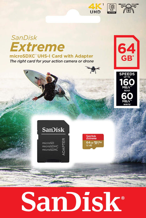 Best Value SanDisk Extreme 64 GB microSDXC Memory Card for Action Cameras and Drones with A2 App Performance up to 160 MB/s, Class 10, U3, V30