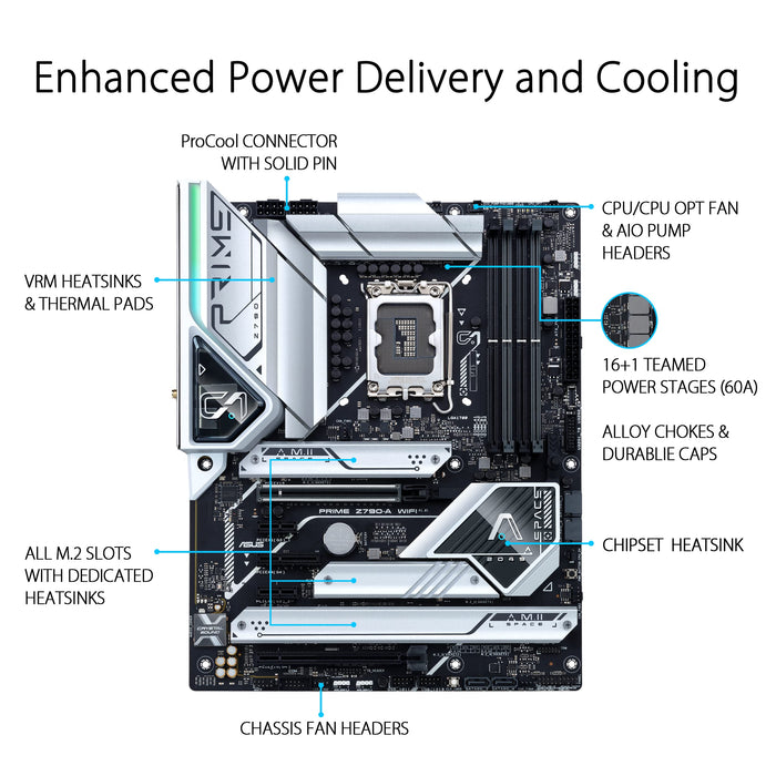 ASUS Prime Z790-A WIFI - Motherboard - ATX - LGA1700 Socket - Z790 Chipset - USB 3.2 Gen 1, USB 3.2 Gen 2, USB-C 3.2 Gen2, USB-C 3.2 Gen 2x2 - 2.5 Gigabit LAN, Wi-Fi 6, Bluetooth - onboard graphics (CPU required) - HD Audio (8-channel)