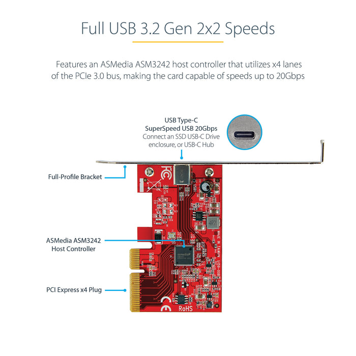 StarTech 1 Port USB 3.2 Gen 2x2 PCI Express Card USB-C SuperSpeed 20Gbps PCI Express 3.0 x4 Host Controller Card