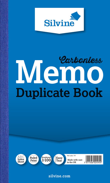 Best Value Silvine Carbonless Duplicate Memo Book - Numbered 1-100 with index sheet (210 x 127mm) [Pack of 6]