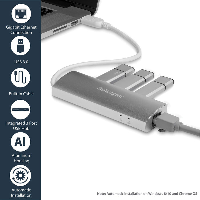 Best Value StarTech 3-Port Portable Aluminium USB 3.0 Hub with Gigabit Ethernet Adapter - Silver/White