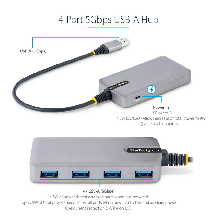 StarTech.com 4-Port USB Hub - USB 3.0 5Gbps Bus Powered USB-A to 4x USB-A Hub with Optional Auxiliary Power Input