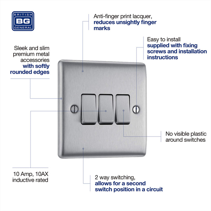 Nexus Metal 10A Triple Light Switch, Brushed Steel