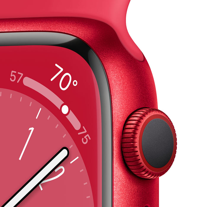 Apple Watch Series 8 (GPS + Cellular) - (PRODUCT) RED - 45 mm - red aluminium - smart watch with sport band - fluoroelastomer - red - band size: Regular - 32 GB - Wi-Fi, LTE, Bluetooth, UWB - 4G - 38.8 g