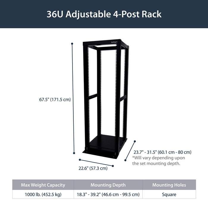 StarTech 36U Adjustable 4 Post Server Equipment Open Frame Rack Cabinet