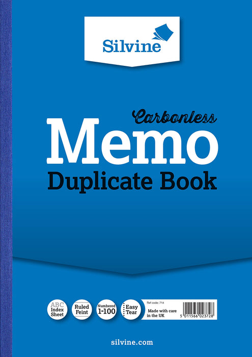 Best Value Silvine Carbonless Duplicate Memo Book - Numbered 1-100 with index sheet (297 x 210mm) [Pack of 3]