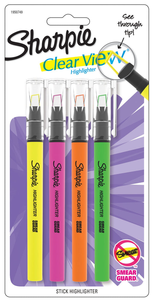 Best Value Sharpie Clear View Highlighter Stick, Assorted Colours, Pack of 4