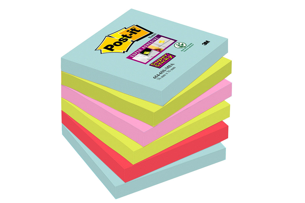 Best Value Post-it Notes 76 x 76 mm Super Sticky Notes, Miami Colour Collection, 6 Pads (90 Sheets per pad)