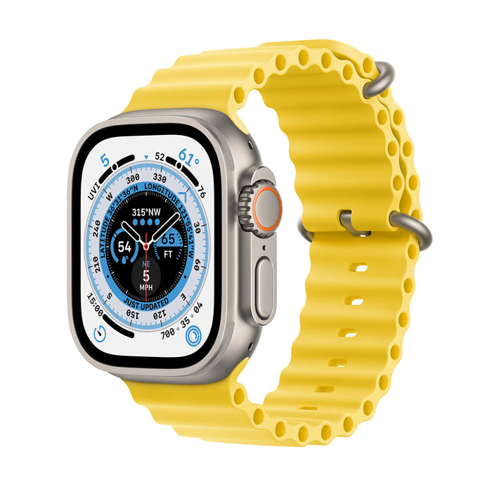 Apple Watch Ultra - 49 mm - titanium - smart watch with Ocean band - fluoroelastomer - yellow - wrist size: 130-200 mm - 32 GB - Wi-Fi, LTE, UWB, Bluetooth - 4G - 61.3 g