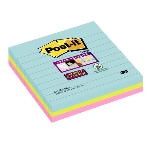 Best Value Post-it 675-S3M Super Sticky Note Pad, Multicolour, 101 x 101 mm (3 Lined Pads, 70 Sheets Per Pad)