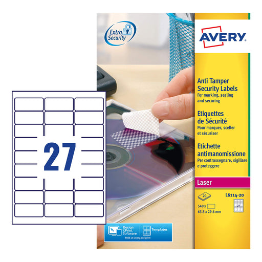 Best Value Avery L6114-20 Anti Tamper Labels (A4 Sheets of 63.5 x 29.6 mm, 27 Labels per Sheet, 20 Sheets) - White