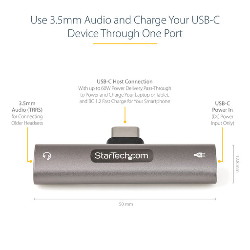 StarTech USB C Audio and Charge Adapter with 3.5mm TRRS Jack and 60W USB C Power Delivery