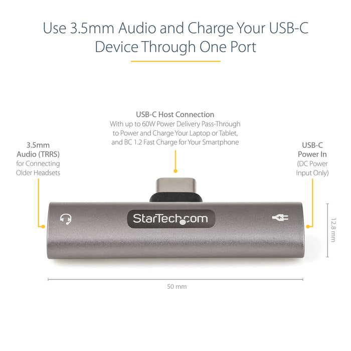 StarTech USB C Audio and Charge Adapter with 3.5mm TRRS Jack and 60W USB C Power Delivery