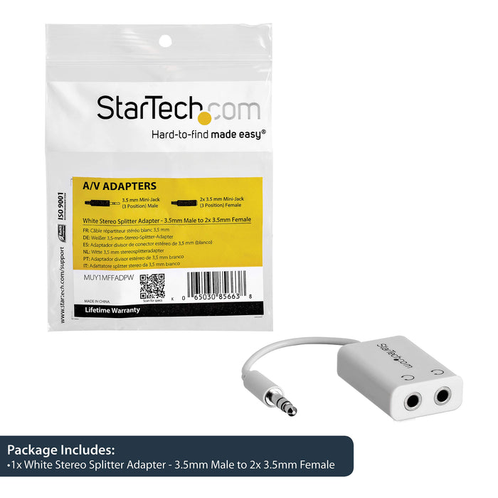 Best Value StarTech Slim Mini 3.5mm Male to 2x 3.5mm Female Headphone Splitter Cable Adapter - White