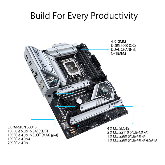 ASUS Prime Z790-A WIFI - Motherboard - ATX - LGA1700 Socket - Z790 Chipset - USB 3.2 Gen 1, USB 3.2 Gen 2, USB-C 3.2 Gen2, USB-C 3.2 Gen 2x2 - 2.5 Gigabit LAN, Wi-Fi 6, Bluetooth - onboard graphics (CPU required) - HD Audio (8-channel)