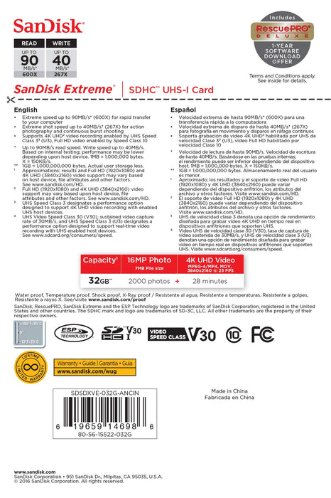 Best Value SanDisk Extreme 32GB SDHC Memory Card up to 90MB/s, Class 10, U3, V30