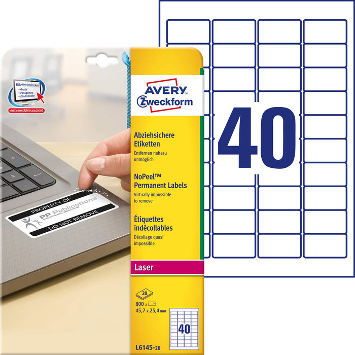 Best Value Avery L6145-20 Extra-Strong Adhesive NoPeel Permanent Labels, 40 Labels Per A4 Sheet