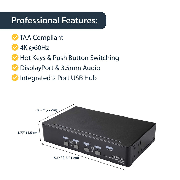 Best Value StarTech.com 4 Port DisplayPort KVM Switch w/ Audio & USB Hub - 4K 60Hz - Keyboard, Video, Mouse Computer Switch Box for DP Monitor (SV431DPUA2)