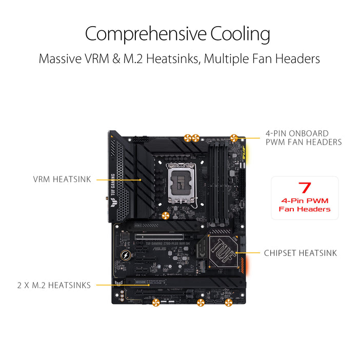 ASUS TUF Gaming Z790-Plus WiFi D4 - Motherboard - ATX - LGA1700 Socket - Z790 Chipset - USB 3.2 Gen 1, USB 3.2 Gen 2, USB-C 3.2 Gen2, USB-C 3.2 Gen 2x2 - 2.5 Gigabit LAN, Wi-Fi 6, Bluetooth - onboard graphics (CPU required) - HD Audio (8-channel)