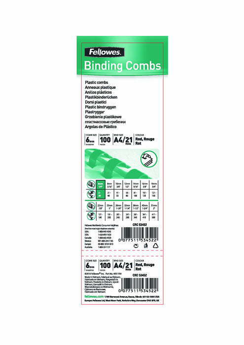 Best Value Fellowes A4 6 mm Plastic Binding Combs for Comb Binding Machine, Binds 2 to 20 Pages, White, Pack of 100