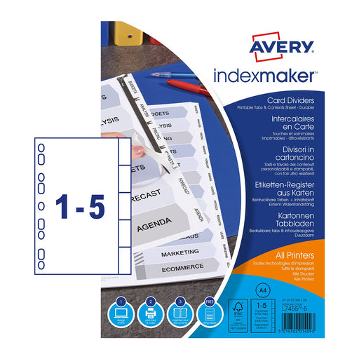 Best Value Avery 01810061 A4 IndexMaker Punched Card Dividers with Printable Tabs, 5 Part Dividers - White