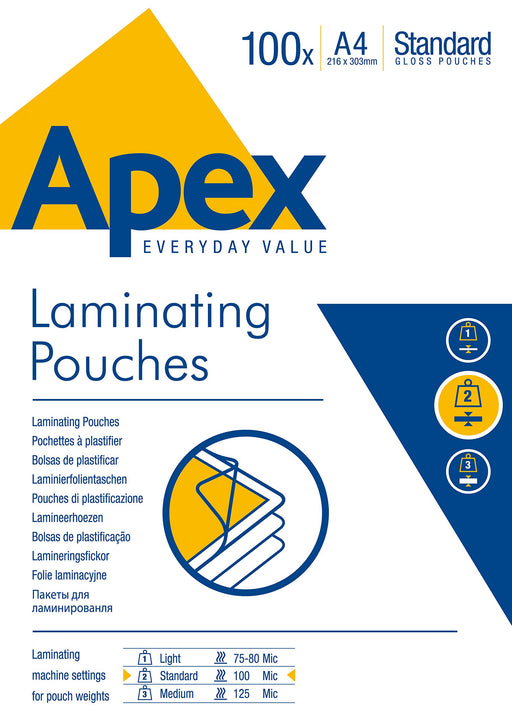 Best Value Fellowes Apex (A4) 100 Micron Laminating Pouches (Clear) - 100 Pack